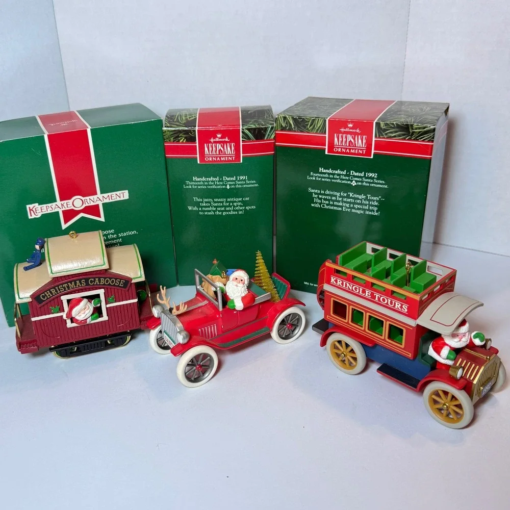 Vintage Hallmark Keepsake Here Comes Santa Ornament Lot 1987 1991 1992 Bus Car